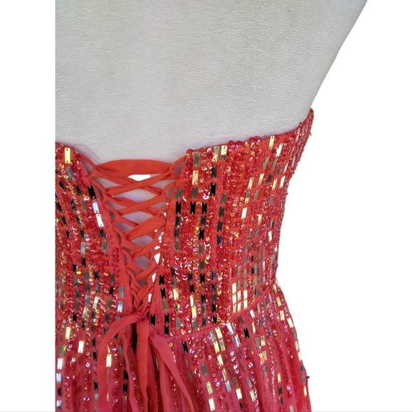 Jolene Stunning Coral Sequin Rhinestone Corset Back Strapless Gown Size 8 - Picture 6 of 7